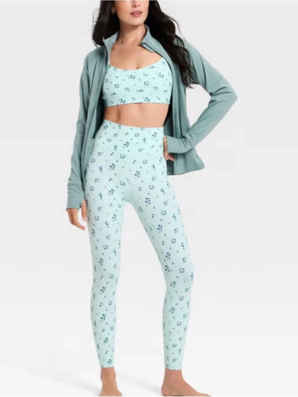 All in motion Light Aqua Floral High-Waist Leggings & Sports Bra Set